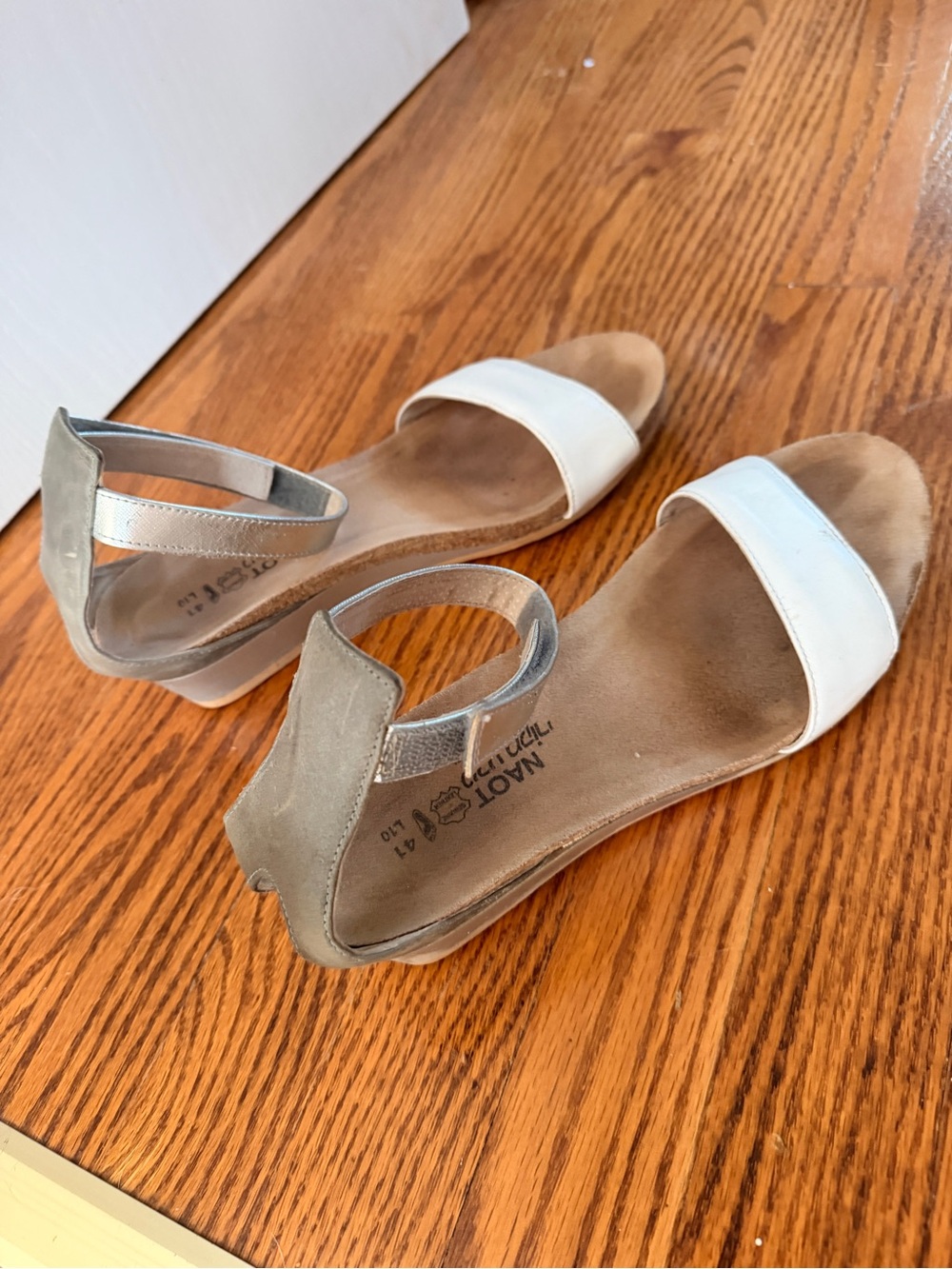 Naot Two-Tone White and Taupe Open-Toe Ankle Strap Sandals